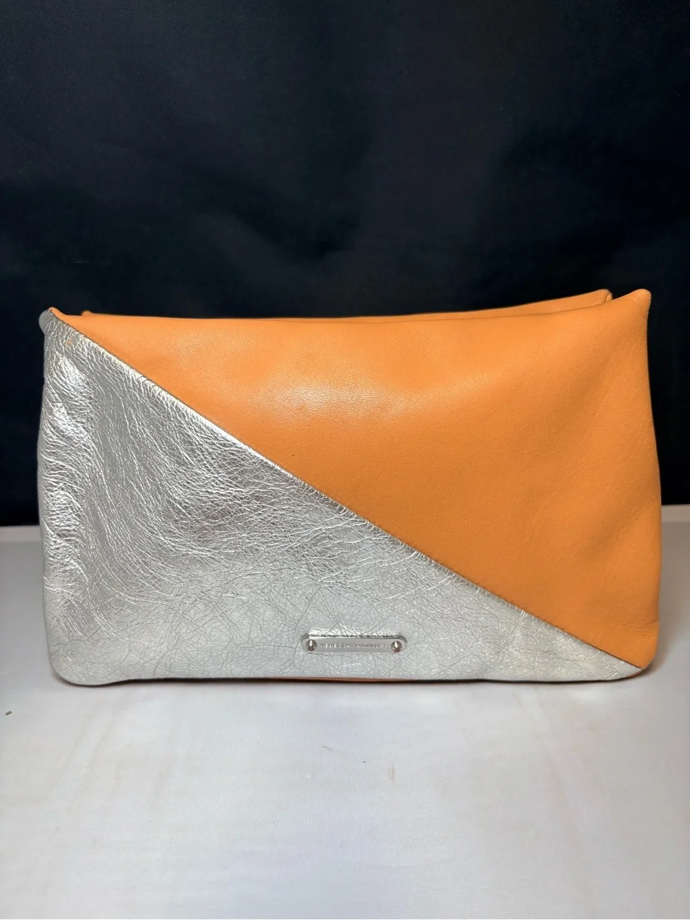 Rebecca Minkoff Splice Leather Clutch Purse Boho Asymmetrical Orange and Silver